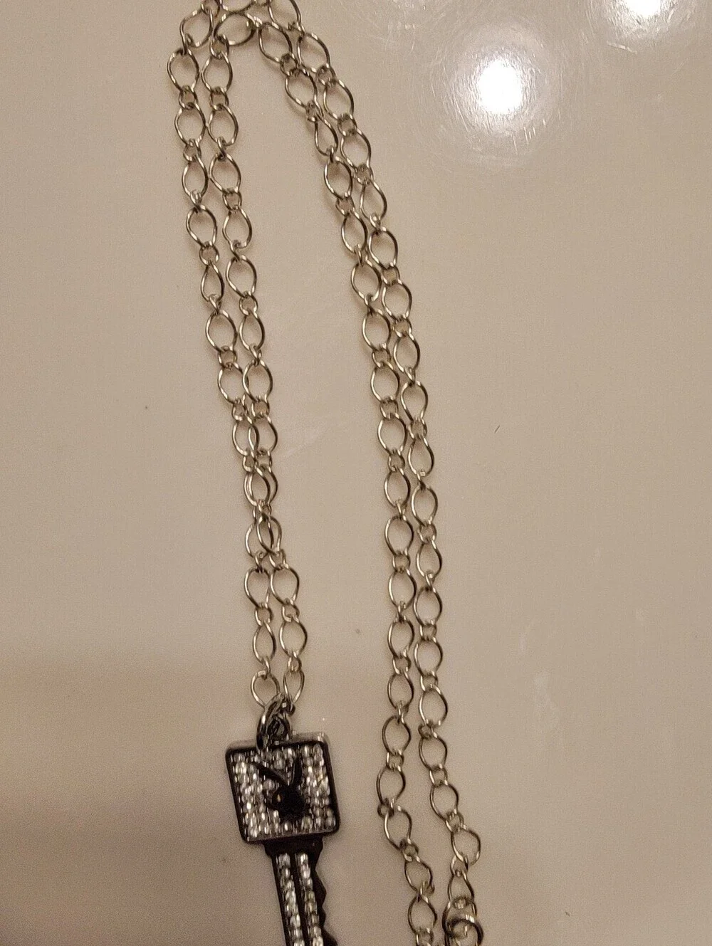 Pave Crystal Playboy Bunny Key Pendant .925 Sterling Necklace